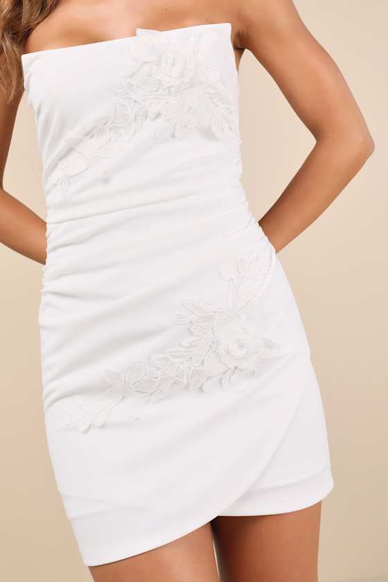 Lulus Divine Sensation White 3d Embroidered Strapless Mini Dress In White