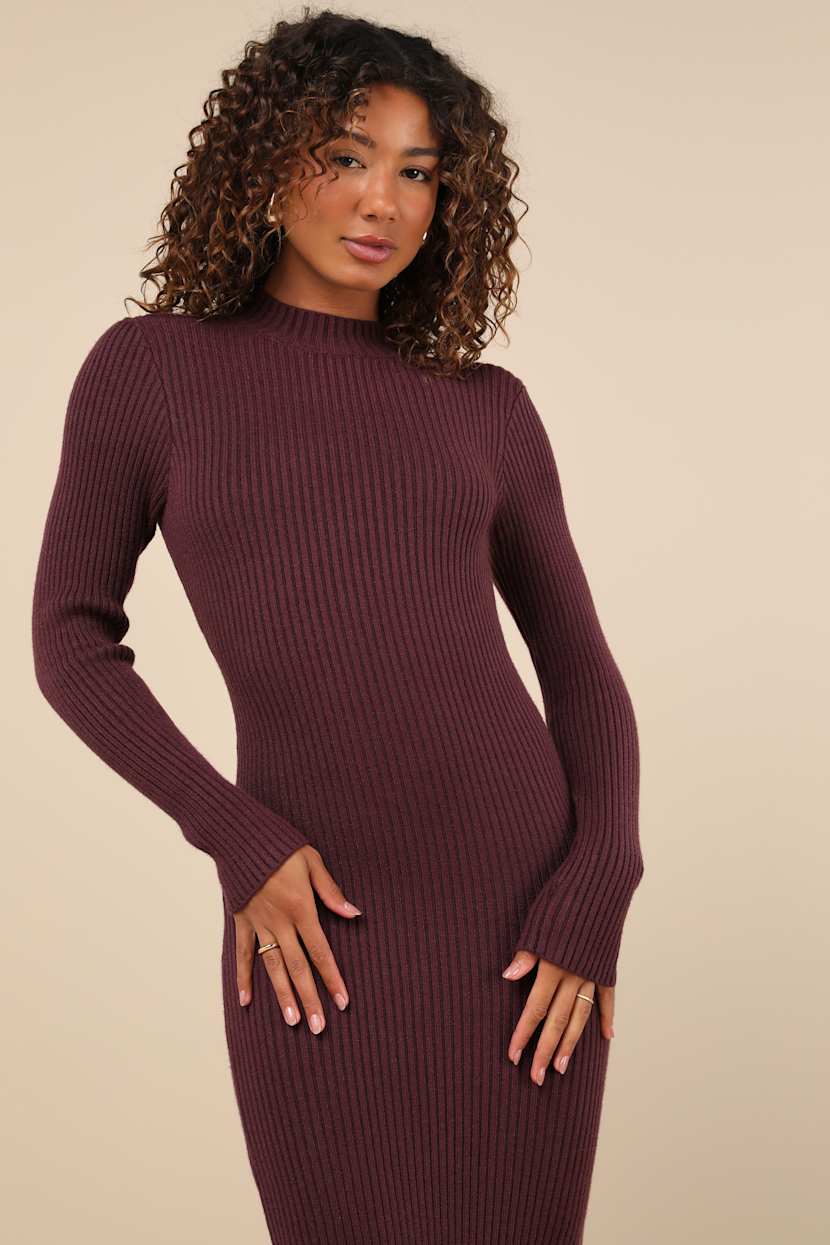 Autumnal Sensation Plum Purple Ribbed Long Sleeve Sweater Dress