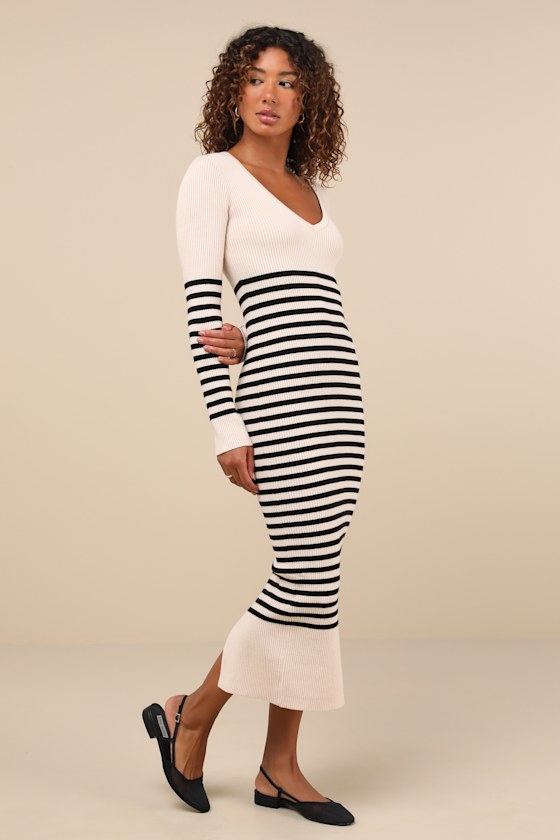 Upgraded Comfort Cream and Black Striped Midi Sweater Dress 5