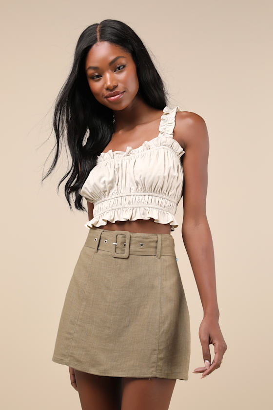 Trendsetting Option Olive Green Belted High-Rise Mini Skirt 1