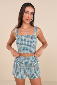 Playfully Chic Teal Green Multi Boucle High-Rise Shorts 3