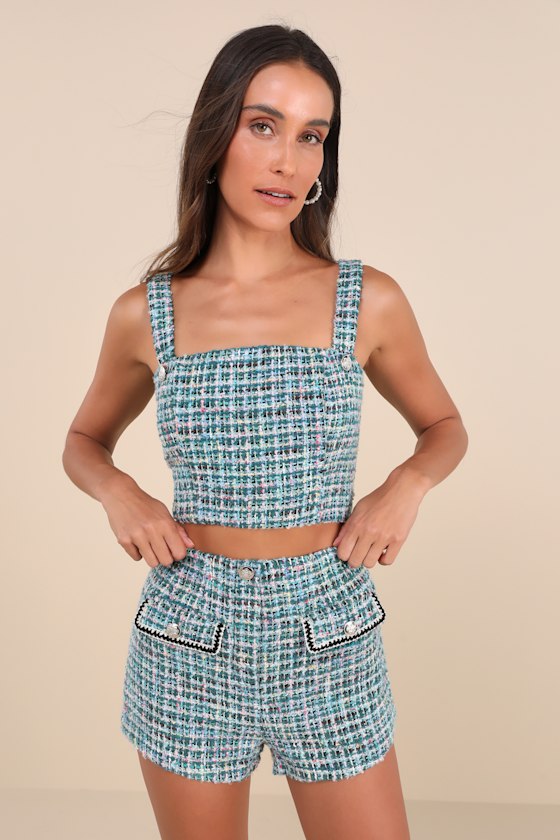 Playfully Chic Teal Green Multi Boucle High-Rise Shorts 3