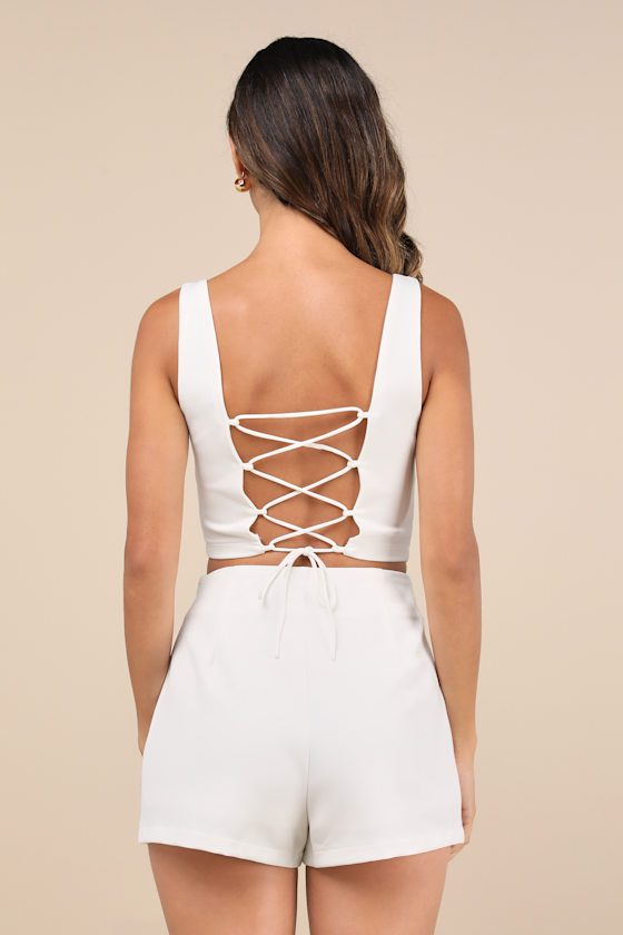 LULUS EXCEPTIONALLY STYLED IVORY LACE-UP TWO-PIECE SKORT ROMPER