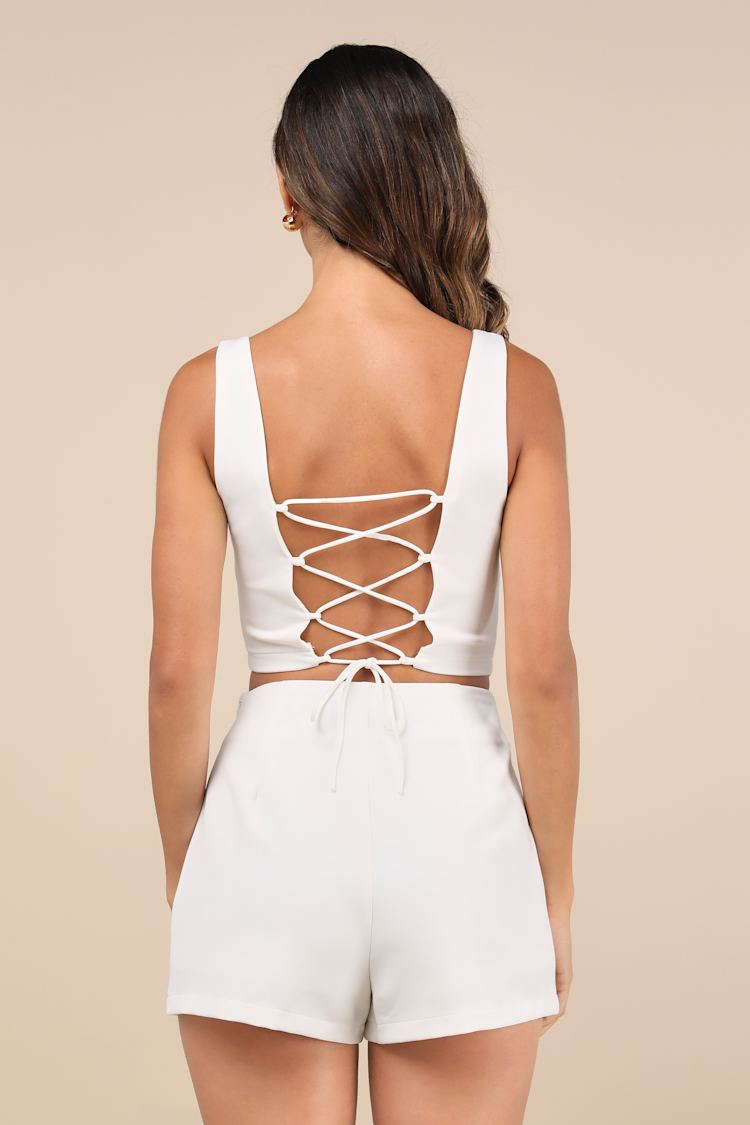 Exceptionally Styled Ivory Lace-Up Two-Piece Skort Romper