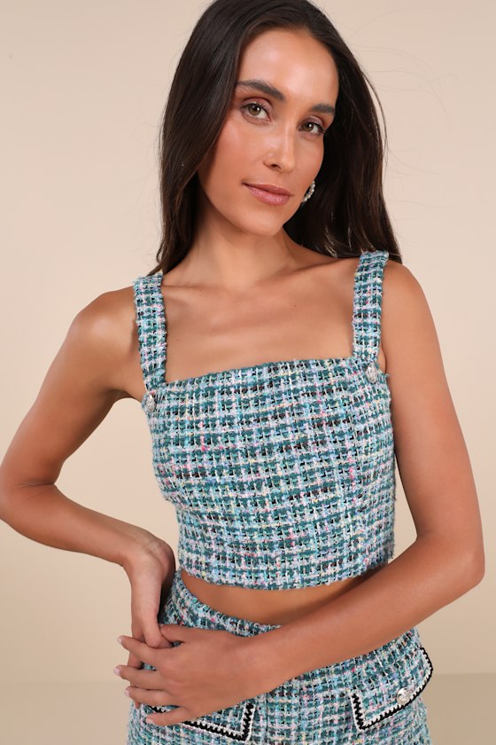Lulus Playfully Chic Teal Green Multi Boucle Cropped Tank Top In Teal Green