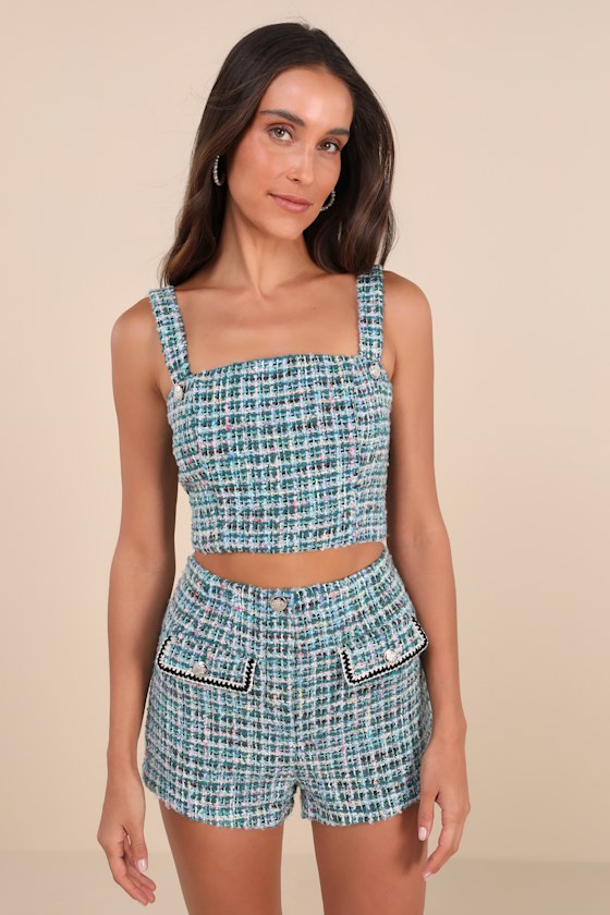 Lulus Playfully Chic Teal Green Multi Boucle Cropped Tank Top In Teal Green