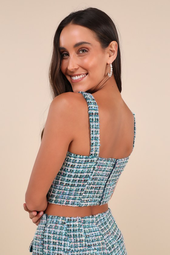 Lulus Playfully Chic Teal Green Multi Boucle Cropped Tank Top In Teal Green