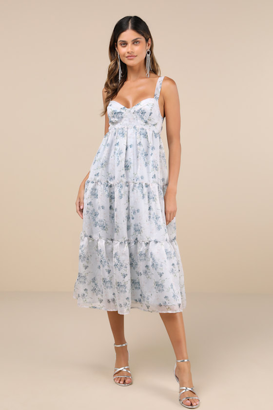 Marvelously Darling Light Blue Floral Tiered Backless Midi Dress 3