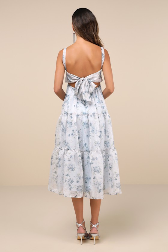Lulus Marvelously Darling Light Blue Floral Tiered Backless Midi Dress In Light Blue