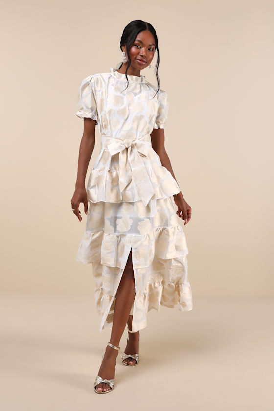 Lasso Cream Burnout Floral Jacquard Tiered Ruffled Midi Dress 2