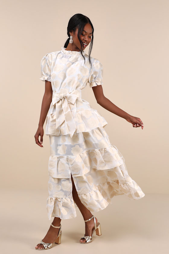 Lasso Cream Burnout Floral Jacquard Tiered Ruffled Midi Dress 3