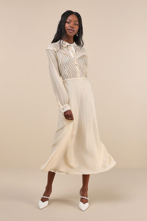 Pony Cream Sheer Pintuck Lace Long Sleeve Collared Midi Dress 2