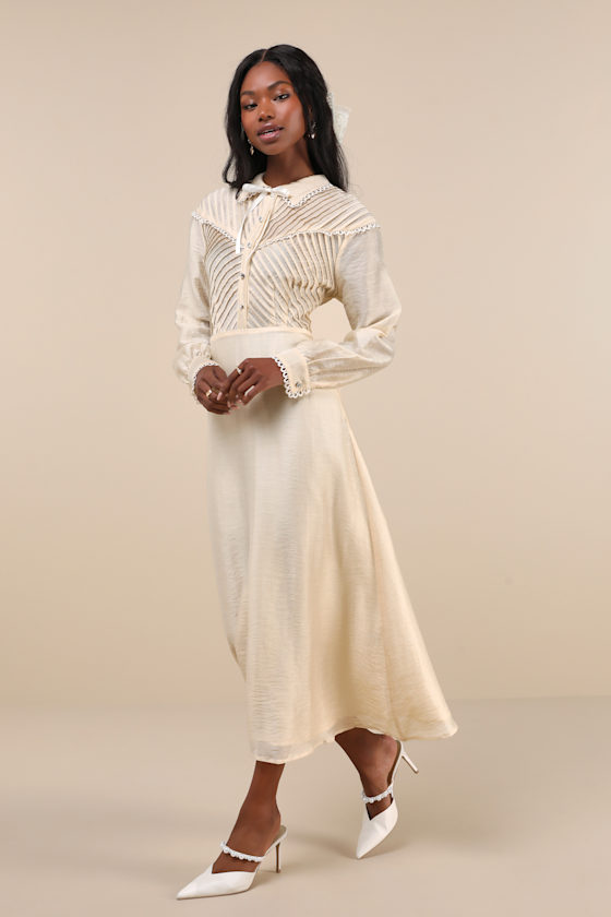 Pony Cream Sheer Pintuck Lace Long Sleeve Collared Midi Dress 3