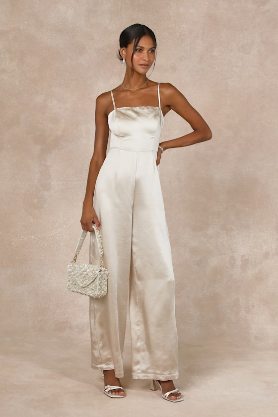 Lulus Stylish Brilliance Champagne Satin Sleeveless Wide-leg Jumpsuit