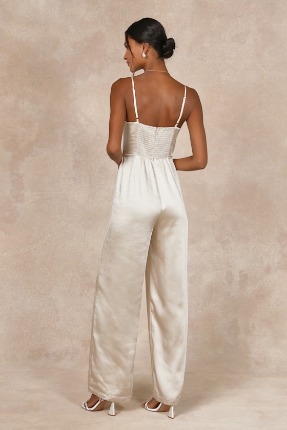 Lulus Stylish Brilliance Champagne Satin Sleeveless Wide-leg Jumpsuit In Champagne