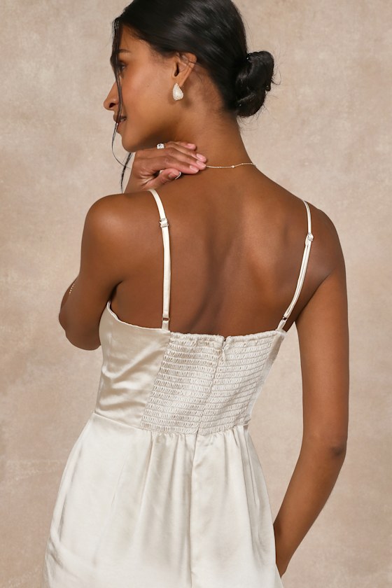 Lulus Stylish Brilliance Champagne Satin Sleeveless Wide-leg Jumpsuit In Champagne