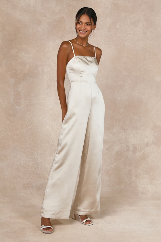 Lulus Stylish Brilliance Champagne Satin Sleeveless Wide-leg Jumpsuit In Champagne