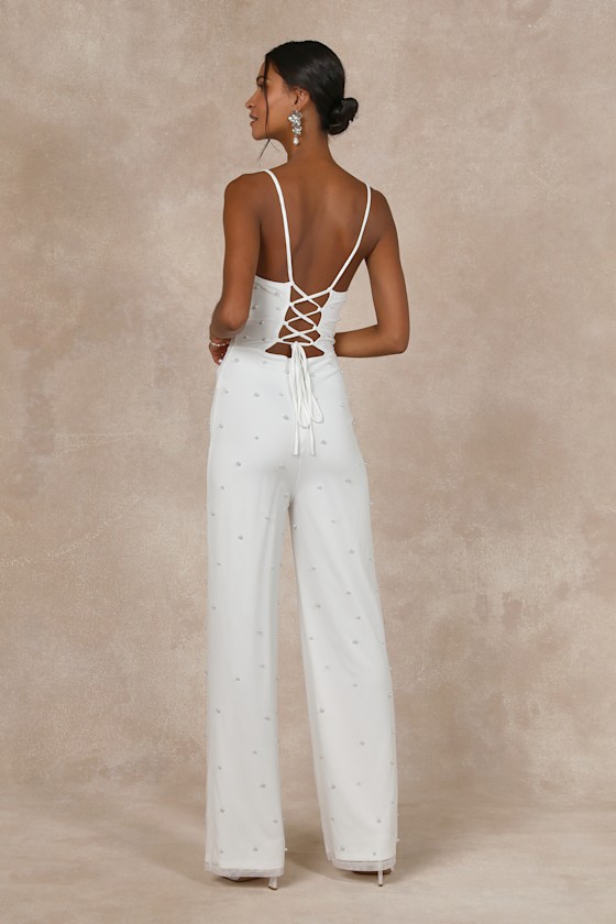 Lulus Unbelievably Divine White Mesh Pearl Lace-up Jumpsuit In White