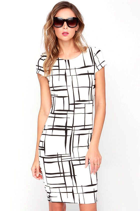 Long and Drawn Out Black and Ivory Print Midi Dress 2