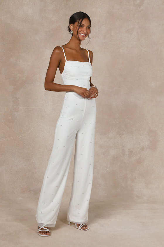 Lulus Unbelievably Divine White Mesh Pearl Lace-up Jumpsuit In White