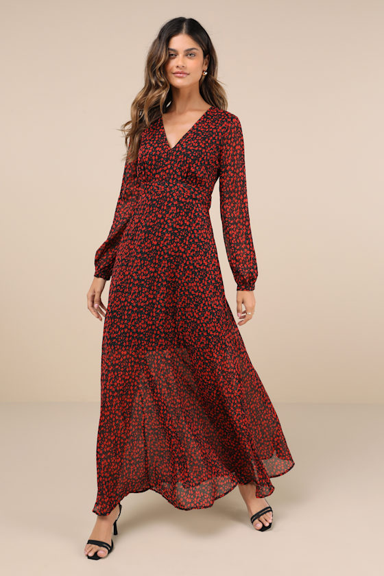 Enchanting Energy Black and Red Floral Long Sleeve Maxi Dress 2