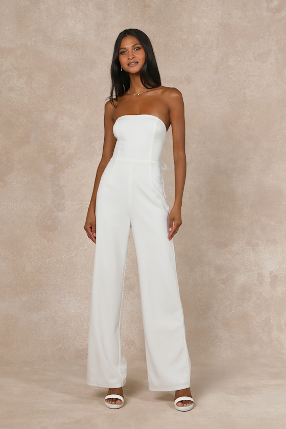 Marvelous Glow White Strapless Pearl Tie-Back Jumpsuit 1