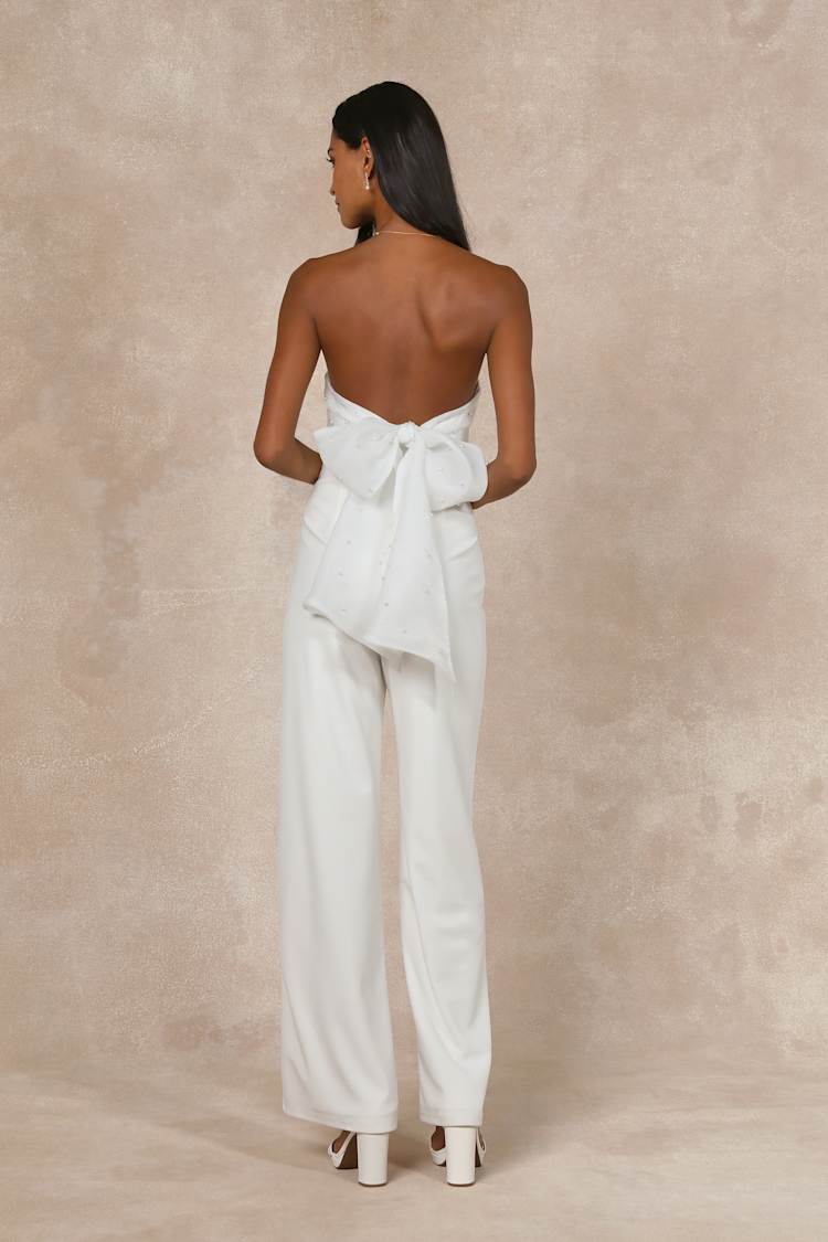 Marvelous Glow White Strapless Pearl Tie-Back Jumpsuit