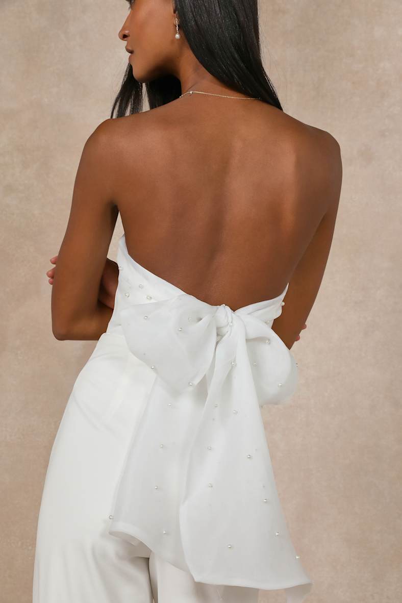 Marvelous Glow White Strapless Pearl Tie-Back Jumpsuit