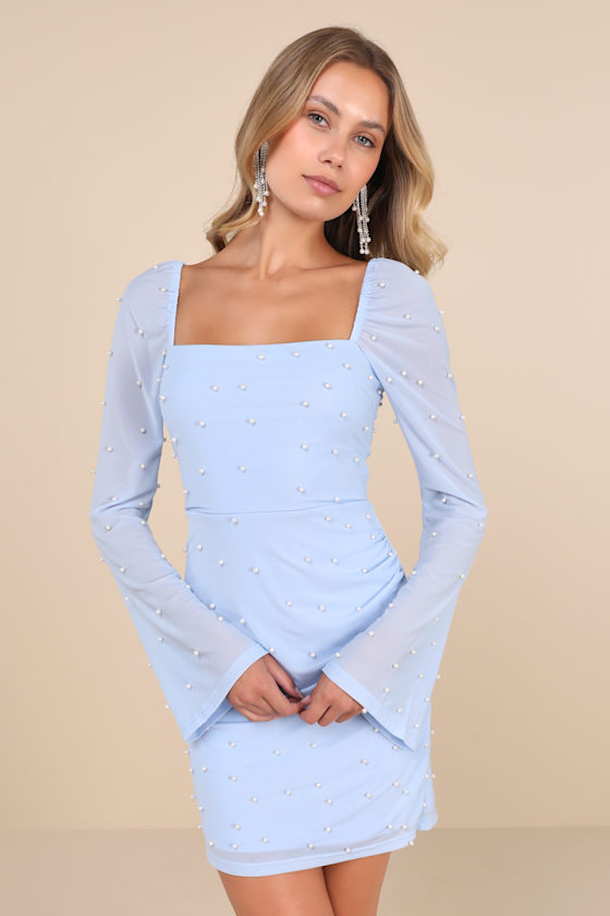 Flirty Luxury Light Blue Mesh Pearl Long Sleeve Mini Dress 1