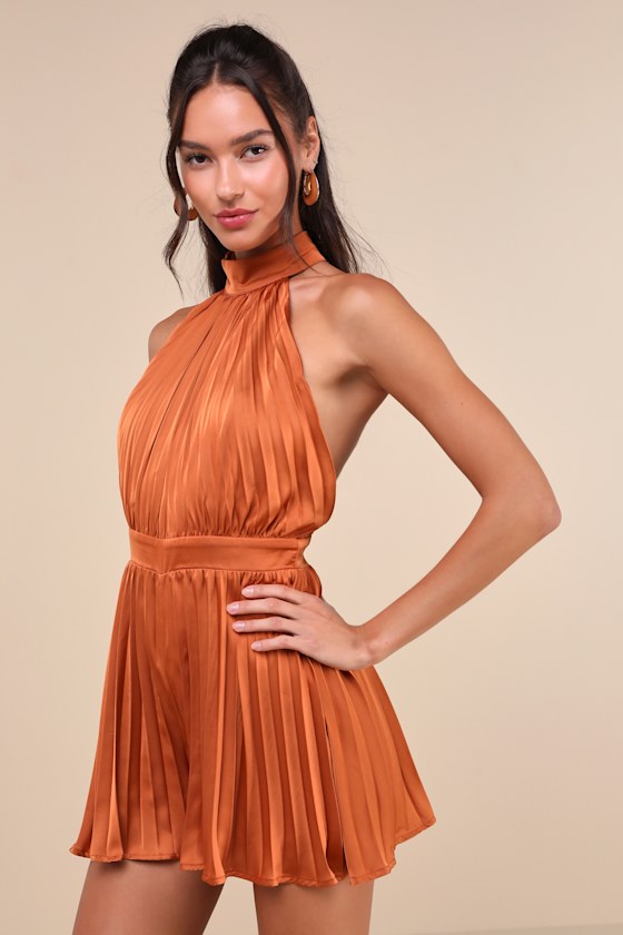 Rust Orange Satin Romper - Pleated Satin Romper - Backless Romper - Lulus