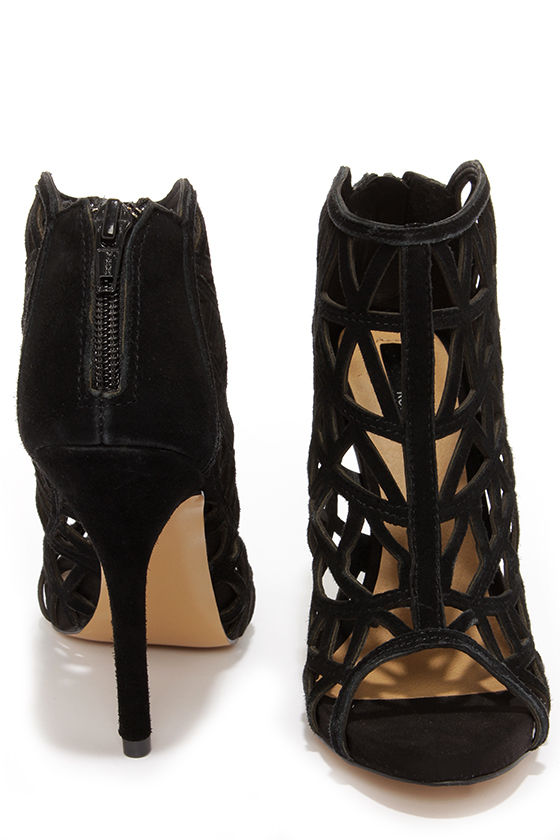 peep toe black leather booties