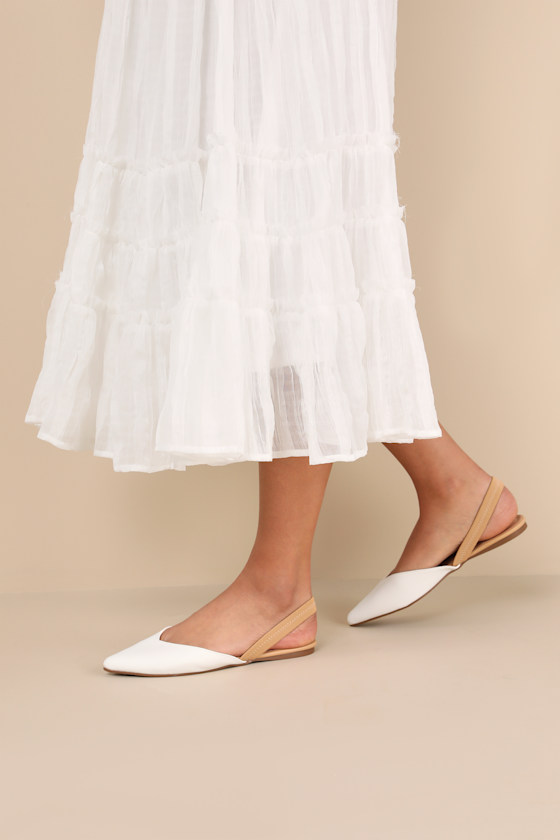 Mae White and Beige Pointed-Toe Slingback Flats 1