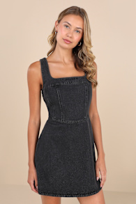So Delighted Washed Black Denim Corset Seam Mini Dress 3