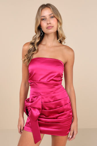 Major Event Fuchsia Satin Strapless Ruched Bow Mini Dress 3