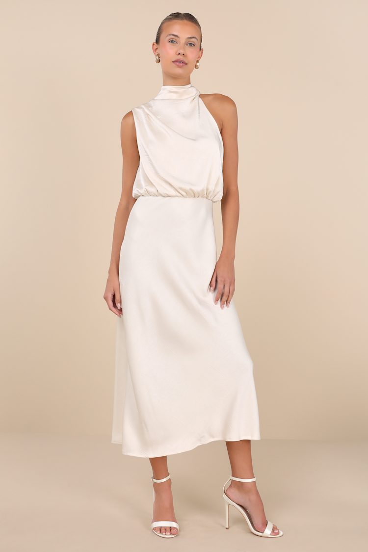 greta maxi dress beige The Greta Lantern Sleeve Satin Maxi Dress  Golden Blessing boutique
