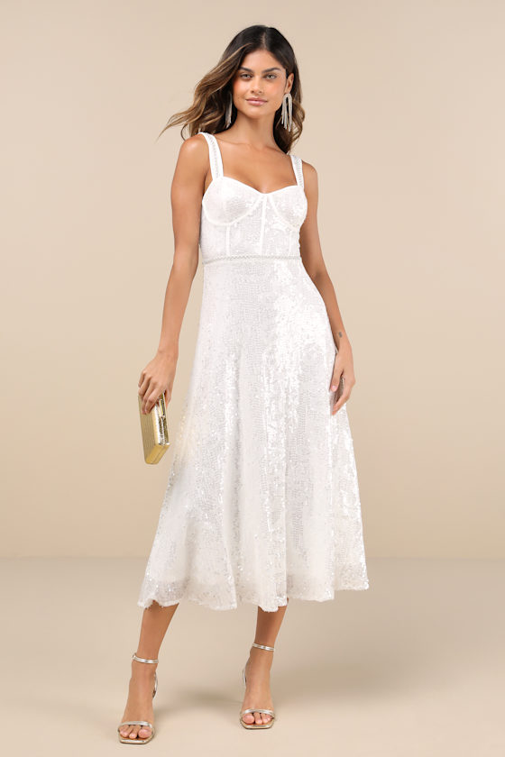 Exceptionally Glamorous White Sequin Pearl Bustier Midi Dress 2