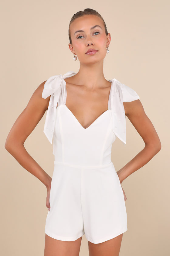 Lulus Certainly Aglow White Organza Pearl Tie-strap V-neck Romper In White