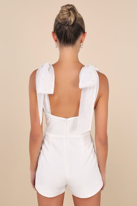 Lulus Certainly Aglow White Organza Pearl Tie-strap V-neck Romper In White