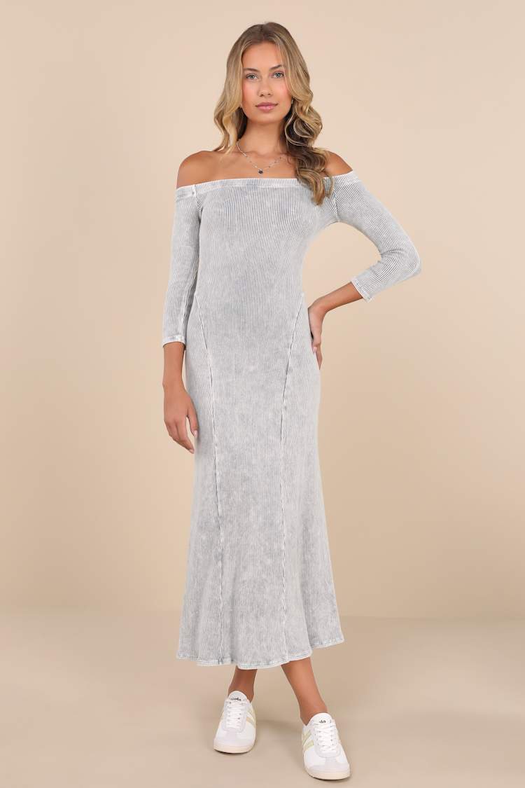 fitted lace wedding dress Off-Shoulder Ribbed Knit Sweater Dress with Side Slit H Grey / S main image 1