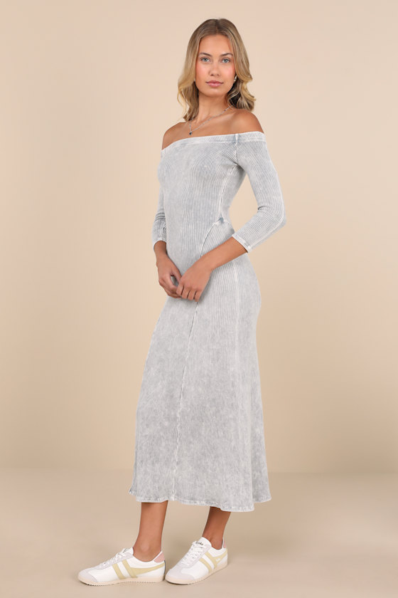 Lulus Remarkably Cool Washed Grey Ribbed Off-the-shoulder Midi Dress In Washed Grey