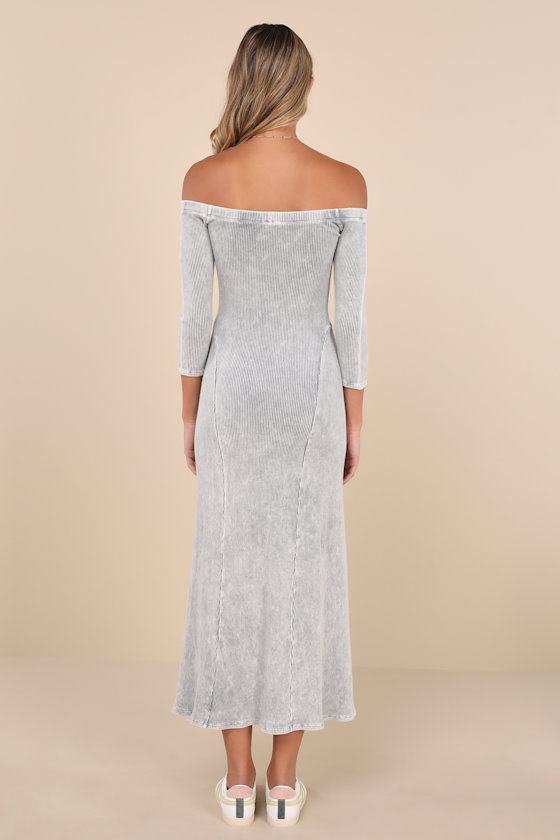 Lulus Remarkably Cool Washed Grey Ribbed Off-the-shoulder Midi Dress In Washed Grey