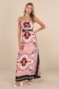 Rich Demeanor Pink Multi Abstract Backless Buckle Maxi Dress 2