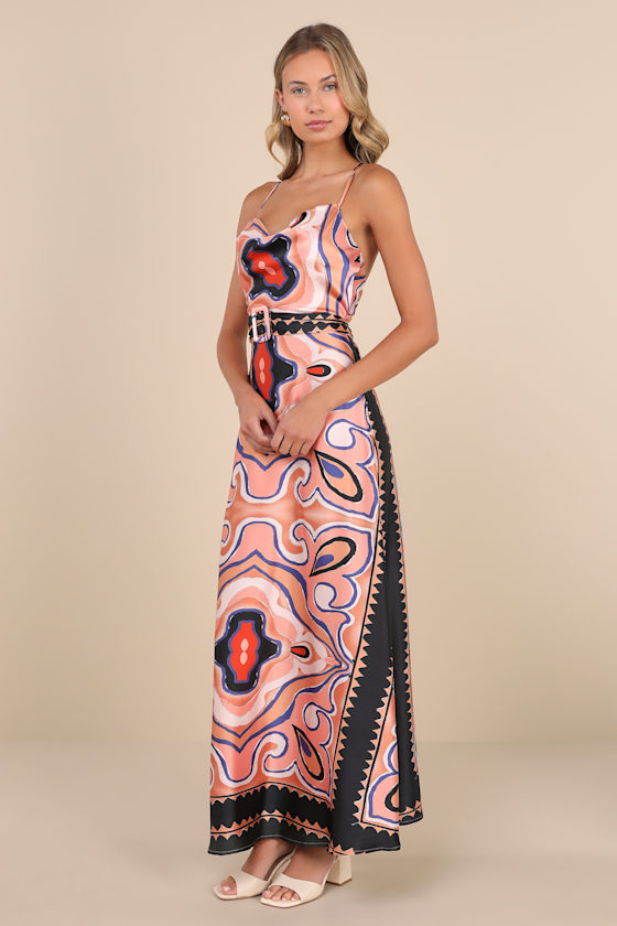 Lulus Rich Demeanor Pink Multi Abstract Backless Buckle Maxi Dress In Pink