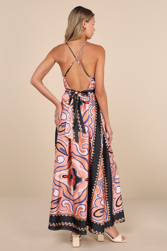 Lulus Rich Demeanor Pink Multi Abstract Backless Buckle Maxi Dress In Pink