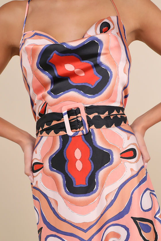 Lulus Rich Demeanor Pink Multi Abstract Backless Buckle Maxi Dress In Pink