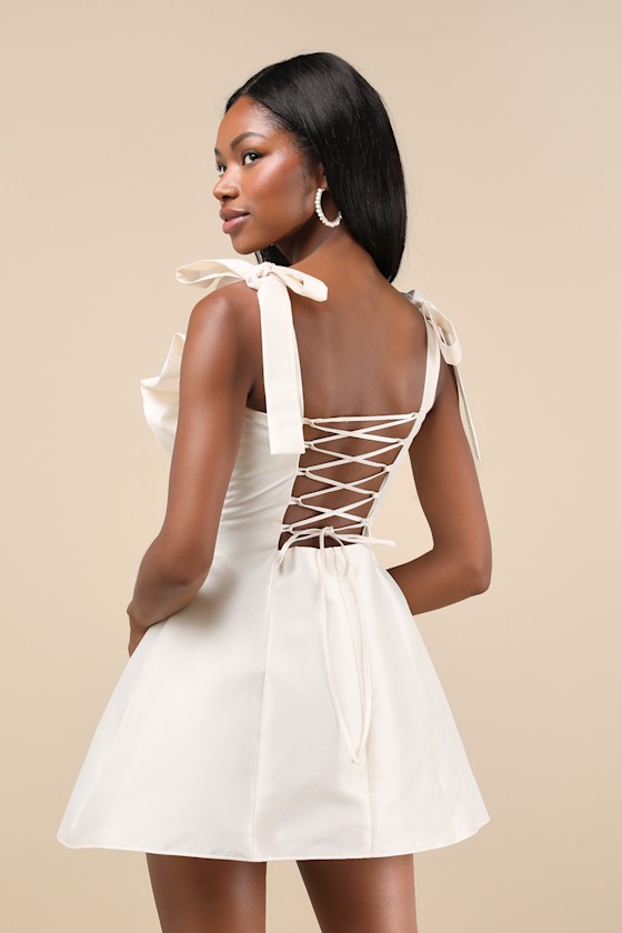 Glamorous Luxury Champagne Taffeta Bow Lace-Up Mini Dress 2