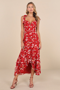 So Elevated Red Floral Jacquard Tie-Strap High-Low Midi Dress 2