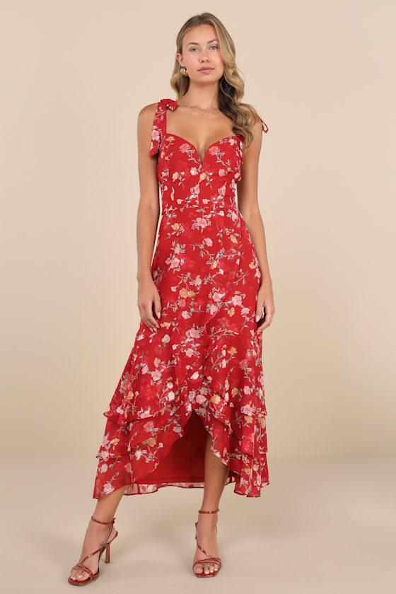 So Elevated Red Floral Jacquard Tie-Strap High-Low Midi Dress 2