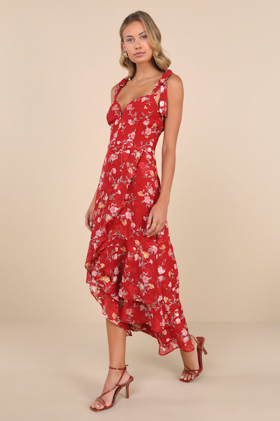 Lulus So Elevated Red Floral Jacquard Tie-strap High-low Midi Dress In Red