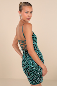 Shimmering Vibes Emerald Green Lurex Sequin Lace-Up Mini Dress